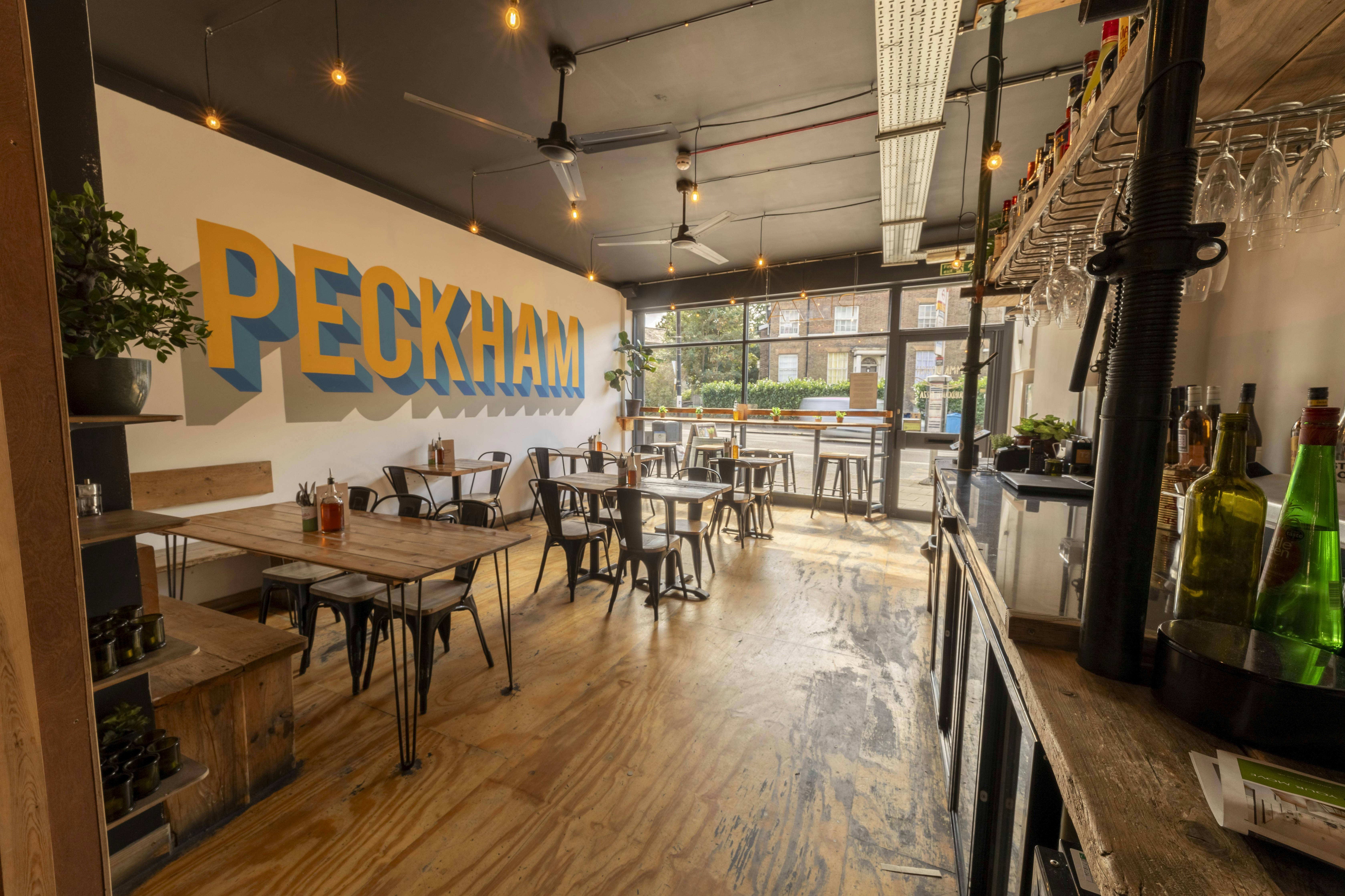 Vibrant modern venue in Mamma Dough Peckham for casual meetings and events.