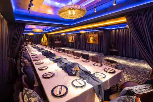 Elegant Sapphire Room banquet setup for upscale corporate events and intimate gatherings.
