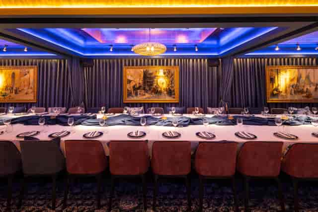 Sapphire Room dining setup with elegant decor for corporate events and private gatherings.