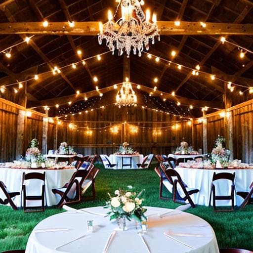 "Elegant barn venue with chandeliers for romantic weddings and gatherings"