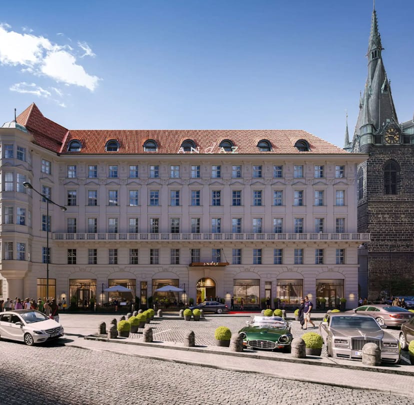 Andaz Prague hotel exterior, elegant architecture for upscale meetings and events.