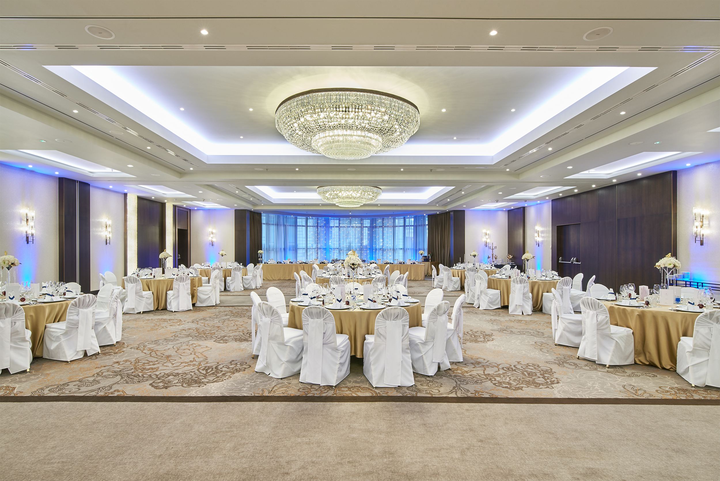 Elegant banquet hall at Kempinski Hotel Corvinus, perfect for weddings and corporate events.