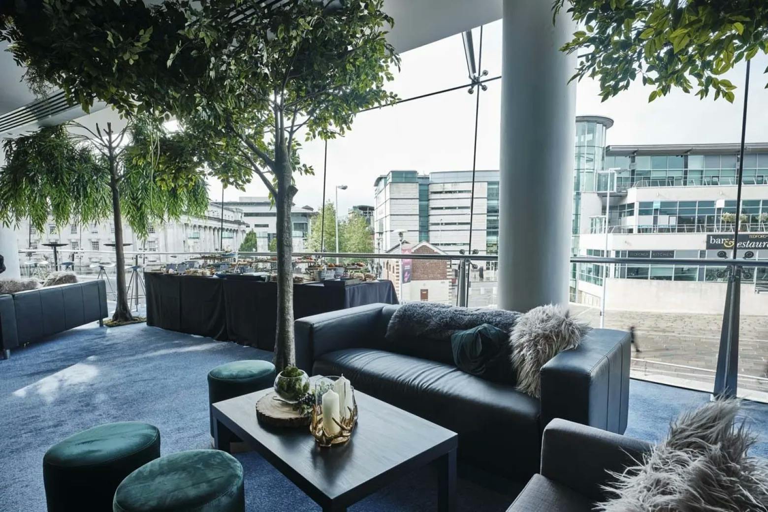 Stylish lounge area in ICC Belfast, ideal for corporate meetings and social events.