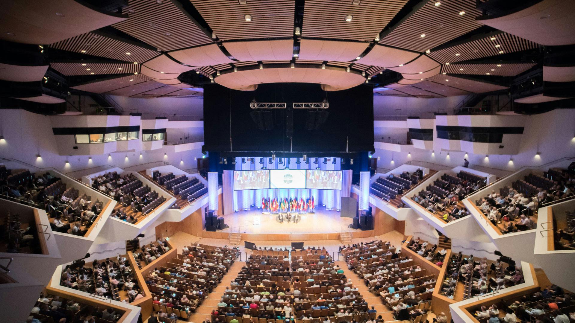 Modern auditorium in ICC Belfast, ideal for conferences and corporate events.