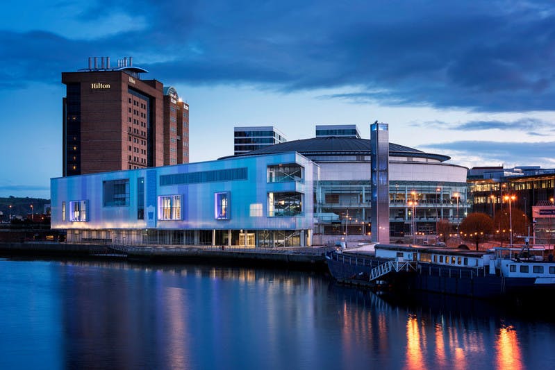 Modern event venue at ICC Belfast, ideal for conferences and meetings by the waterfront.
