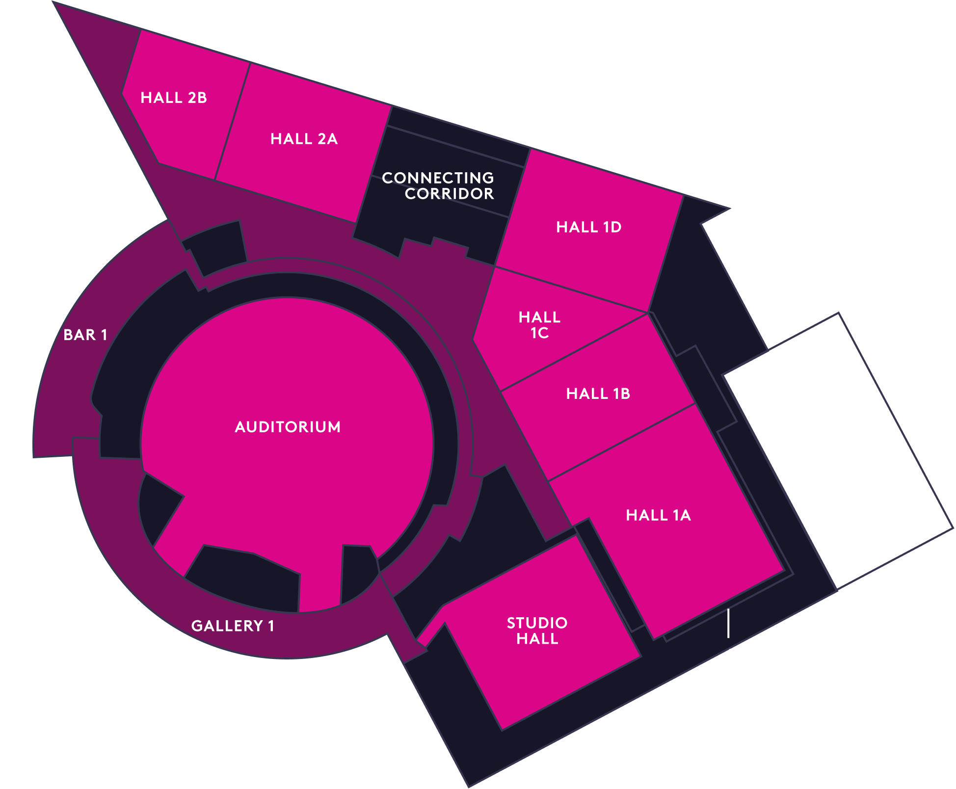 ICC Belfast venue layout for meetings, featuring multiple halls and auditorium.