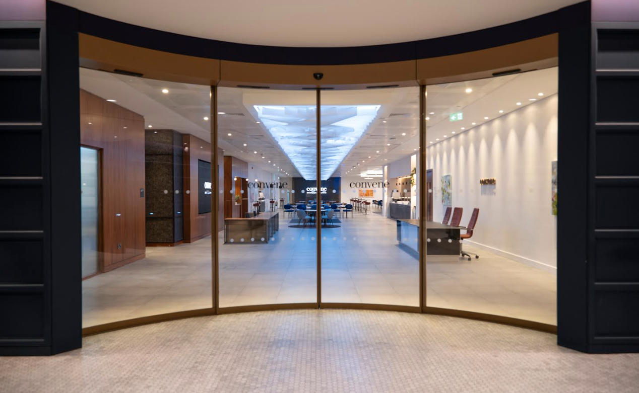 Convene Broadgate event space: modern entrance, curved glass, conference, networking - Banner