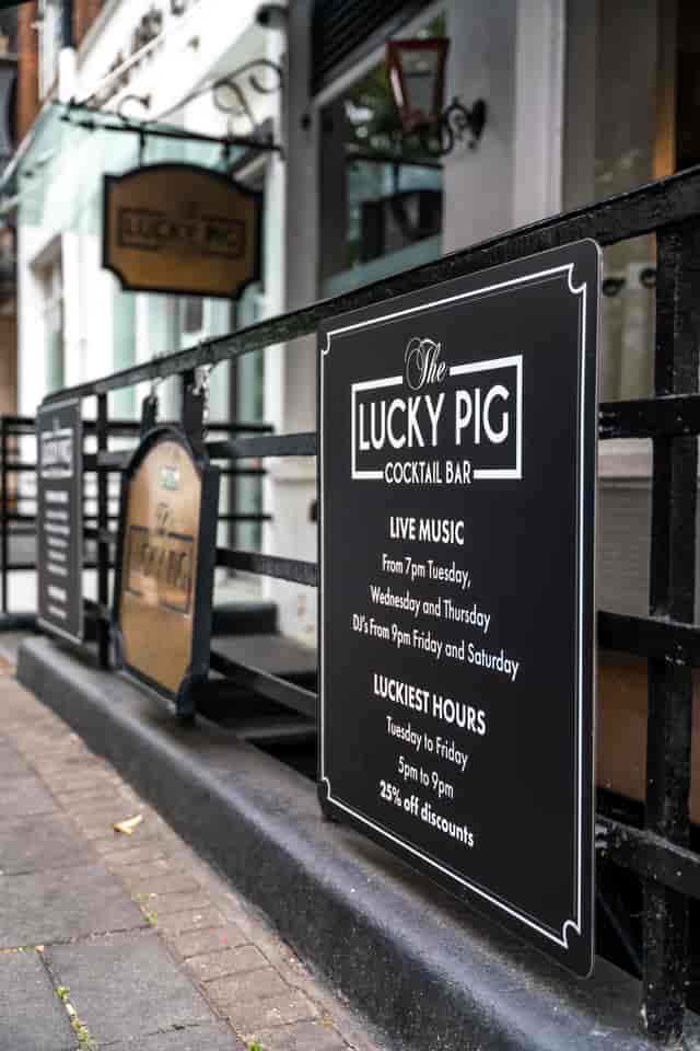 Stylish entrance of The Lucky Pig Cocktail Bar for private hire events and live music.