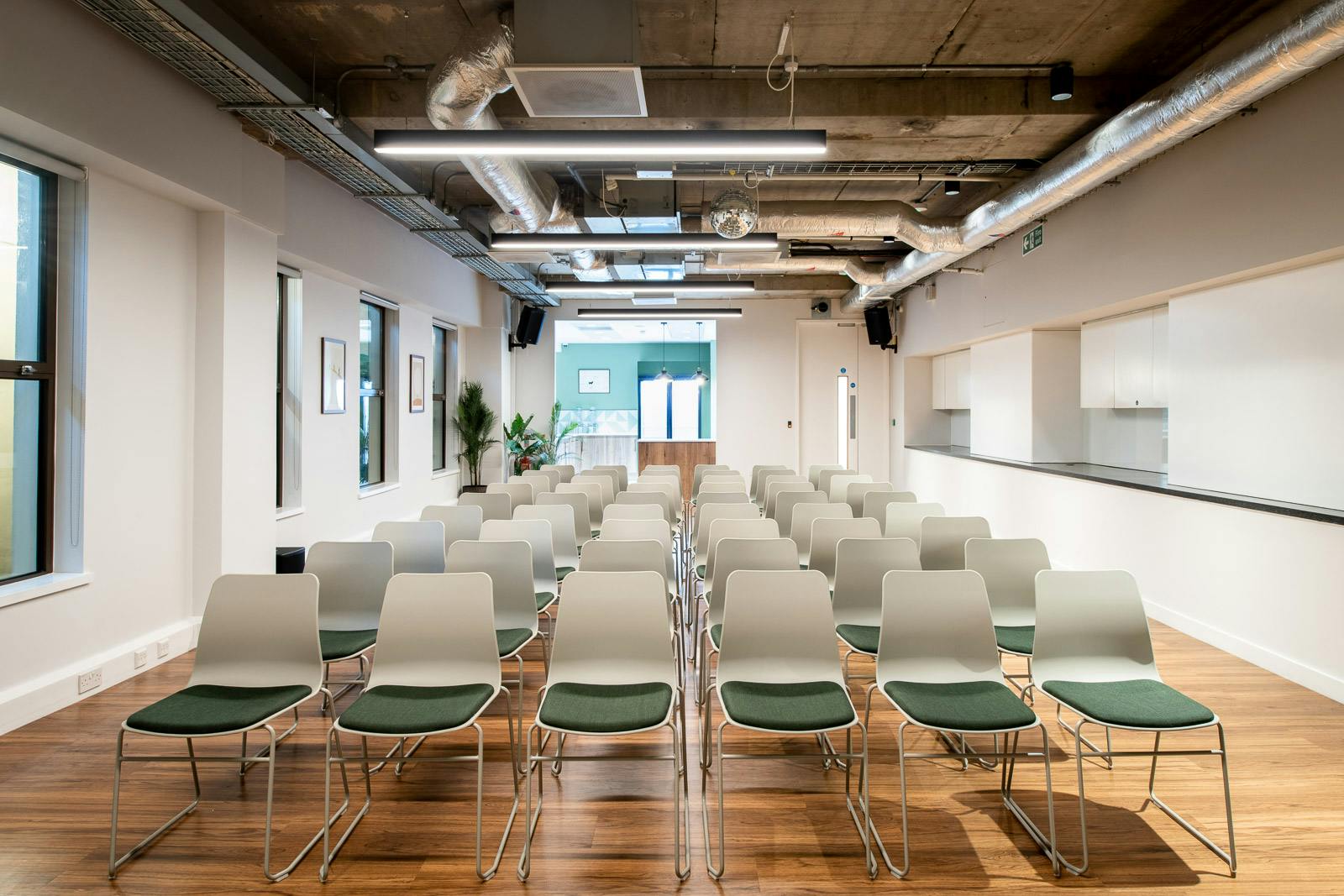 Modern meeting space with rows of chairs for workshops at BL Event Space, Runway East Bloomsbury.