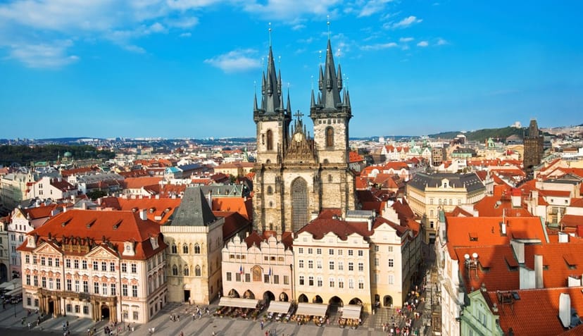 Aerial view of Prague's skyline with Church of Our Lady before Týn, ideal for events.