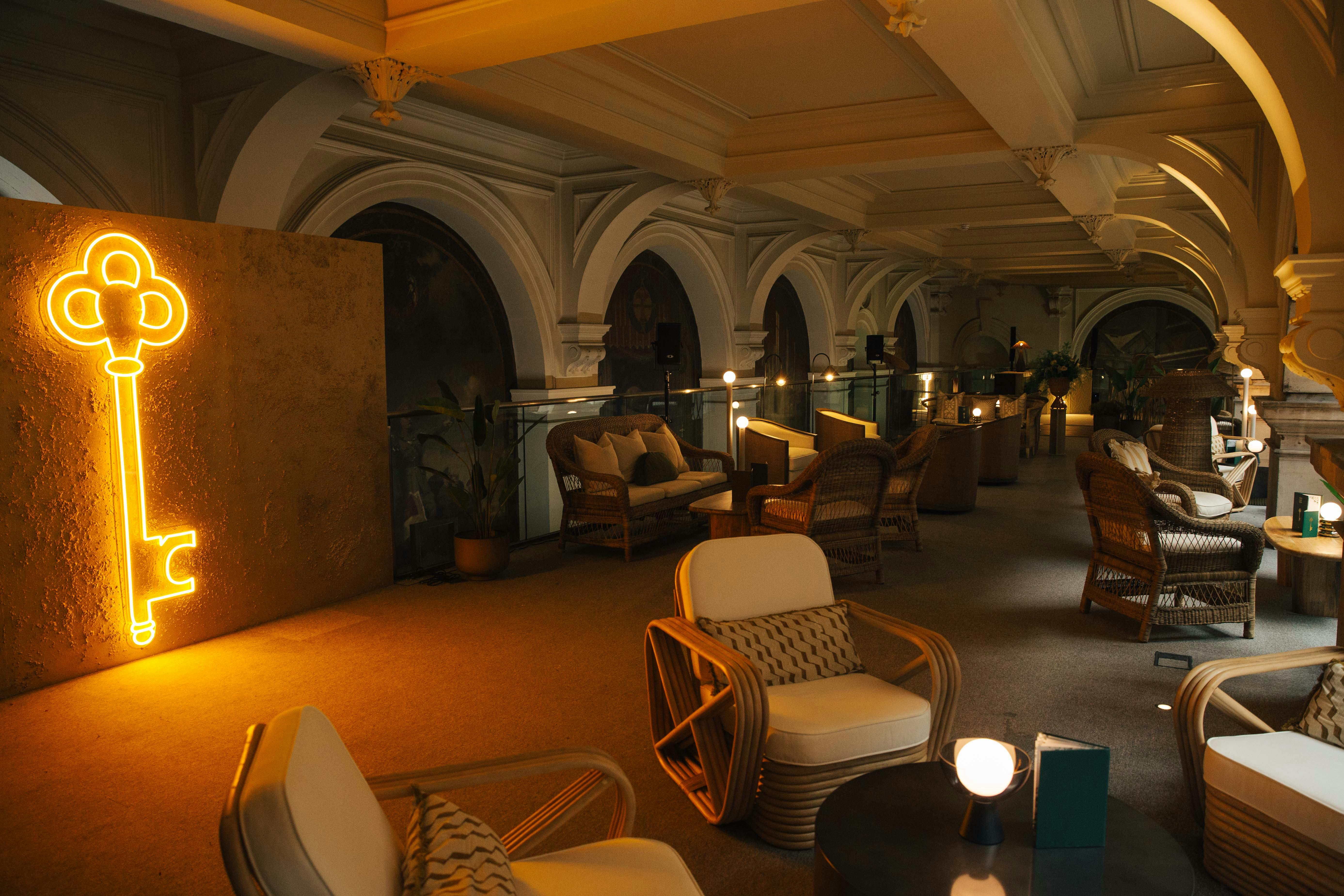 Stylish event space with elegant seating for networking and intimate gatherings.