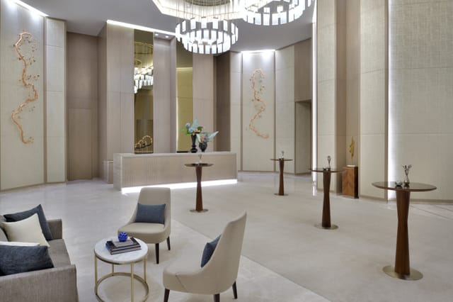 Elegant ballroom lobby in Address Dubai Mall, ideal for meetings and events.