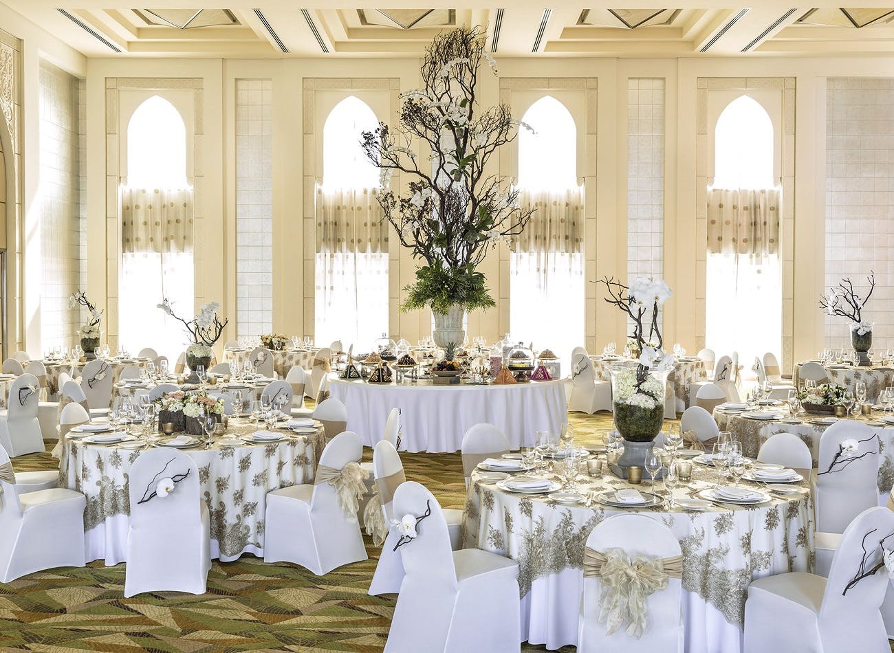 Al Nojoom Ballroom in Shangri-La Dubai, elegant wedding and corporate event space with floral decor.