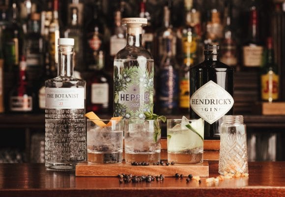 Elegant gin selection on wooden board for upscale cocktail receptions and networking events.