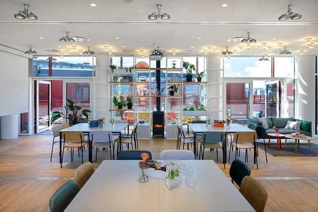Modern event space in Zoku Copenhagen, ideal for workshops and networking.
