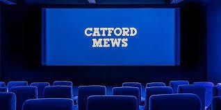 Cinema screen at Catford Mews, blue backdrop, ideal for film screenings and events.