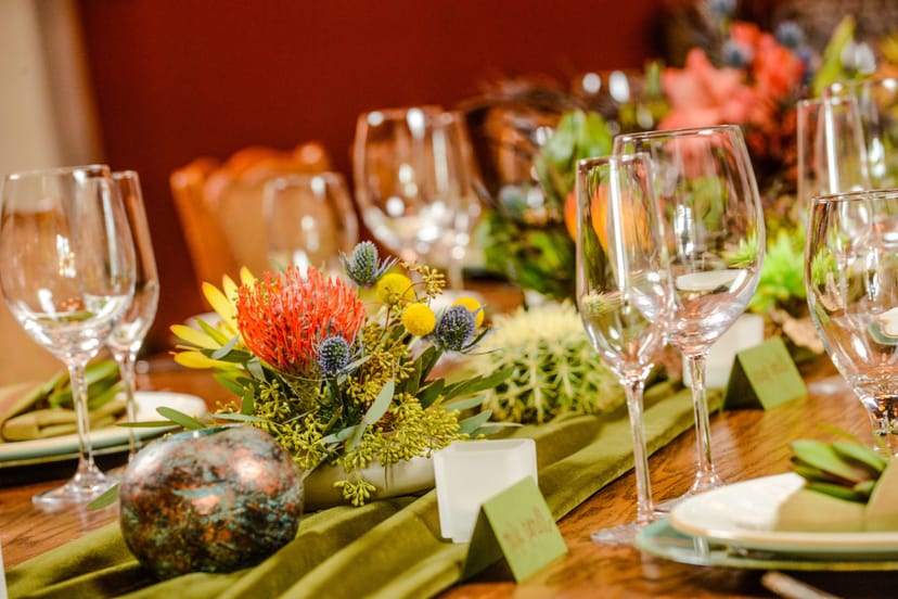 Elegant dining table setup in The Garden, Hermosa Inn for corporate dinner or special occasion.