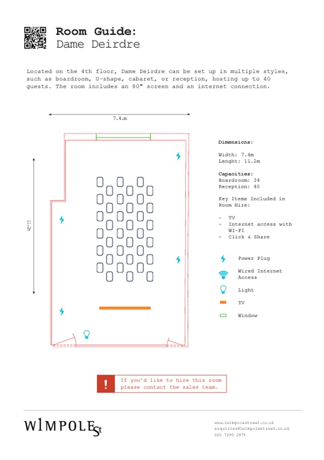 Dame Deirdre Hine Room floor plan for meetings and receptions, tech-friendly with Wi-Fi.