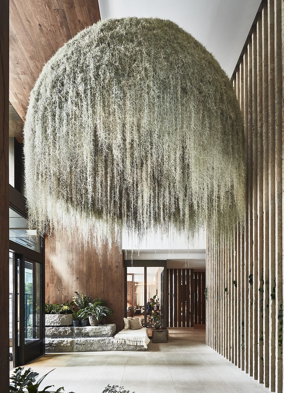 Hanging moss installation at Foxtail, 1 Hotel Mayfair for events and networking.