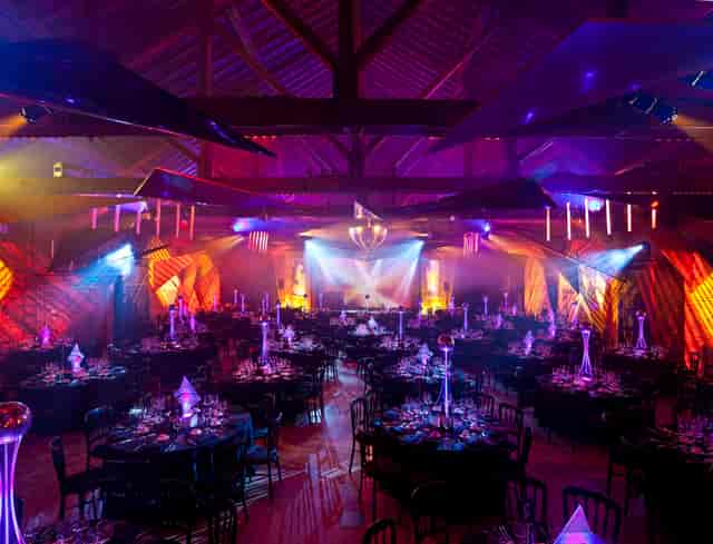 Elegant Christmas party setup with black linens at The Brewery, perfect for corporate events.