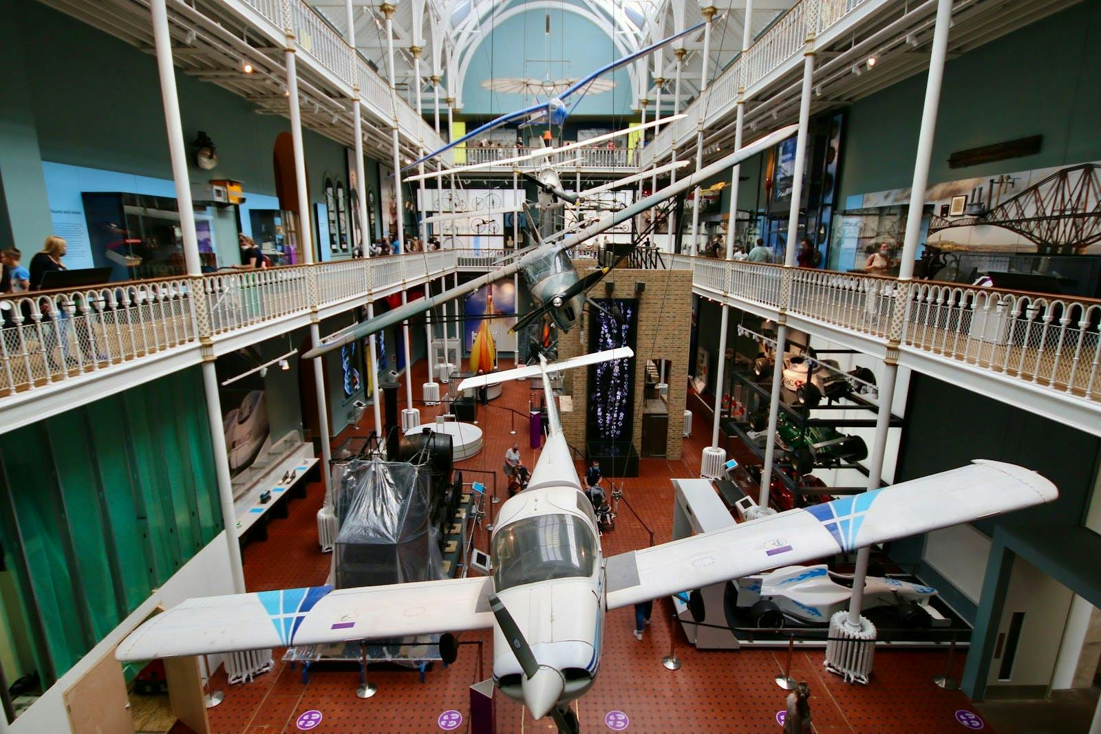 Rooftops at National Museum of Scotland with aircraft installation, ideal for unique events.