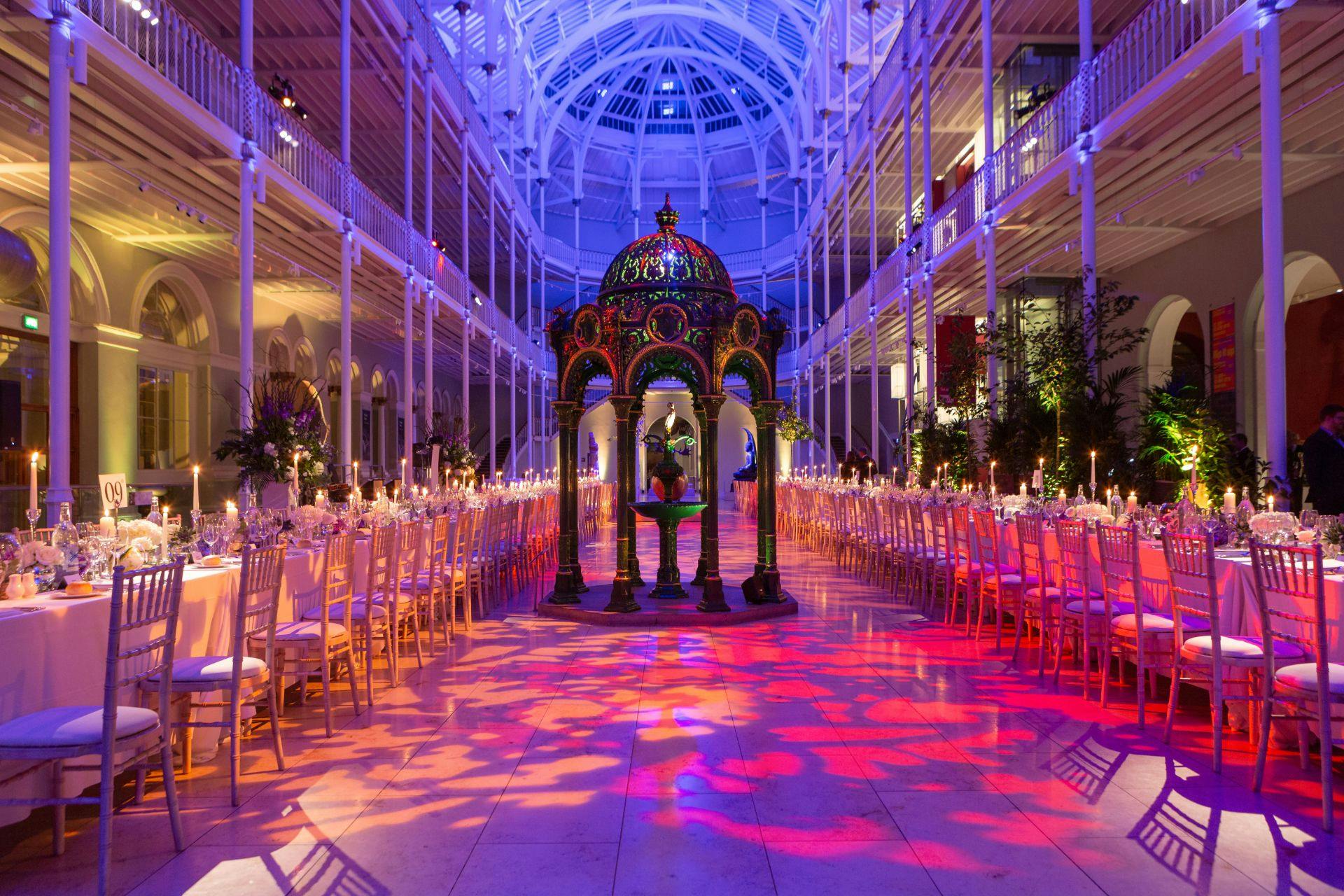 Elegant banquet hall in National Museum of Scotland, perfect for weddings and corporate events.