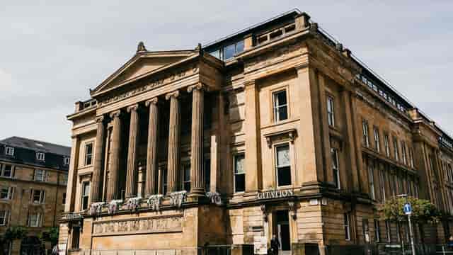 Grand historic venue with columns for upscale weddings and events in Glasgow.