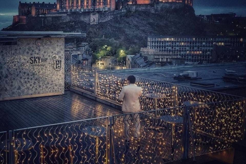 Rooftop terrace at DoubleTree Edinburgh with castle view, perfect for upscale events.