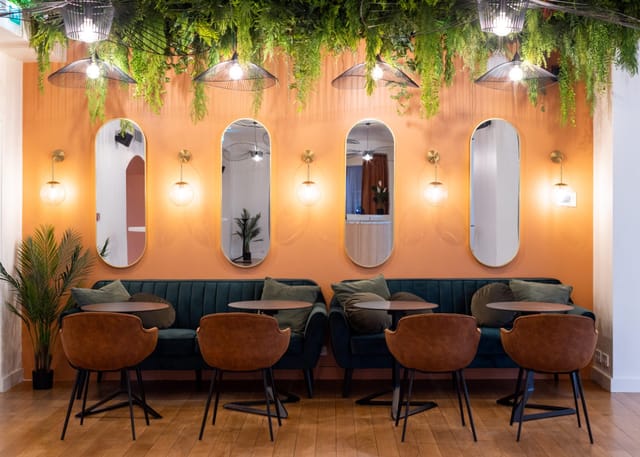 Stylish meeting space with orange wall and greenery, perfect for brainstorming sessions.