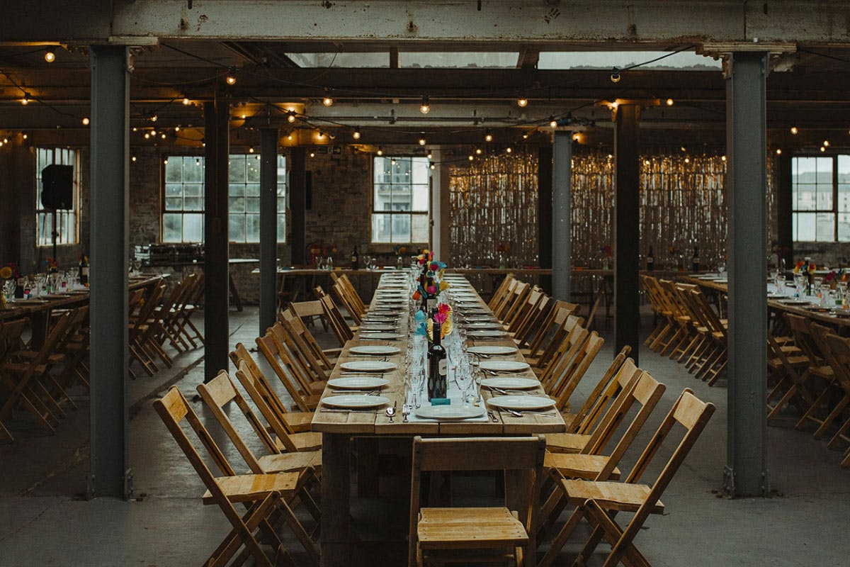 Crawfords meeting room with banquet table, ideal for networking and events at The Biscuit Factory.