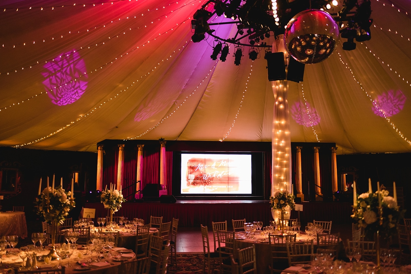 Prestonfield Stables Ballroom with elegant tables, ideal for events and celebrations. - Banner