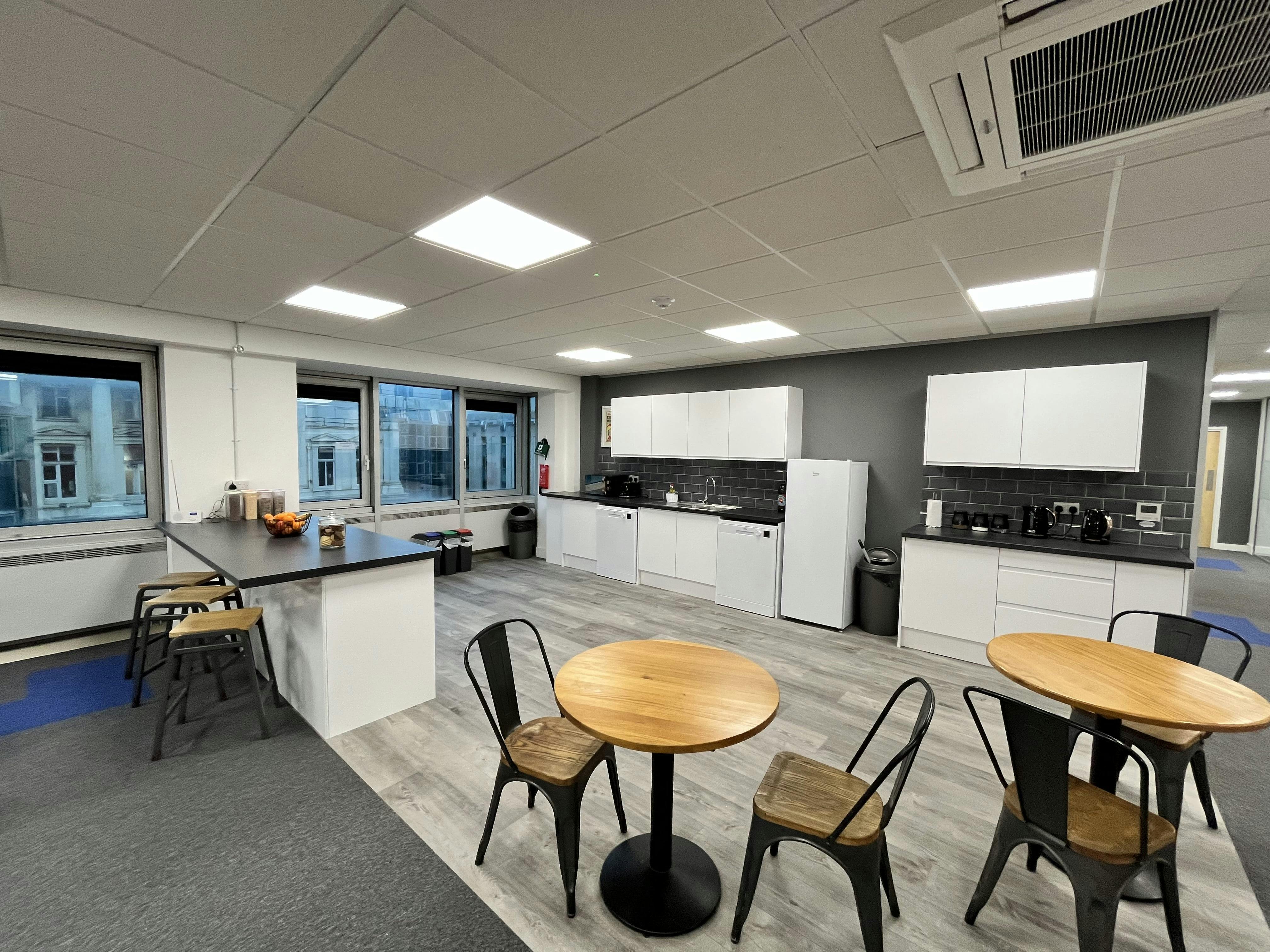 Modern break room at Freedom Works, Brighton, ideal for meetings and networking events.