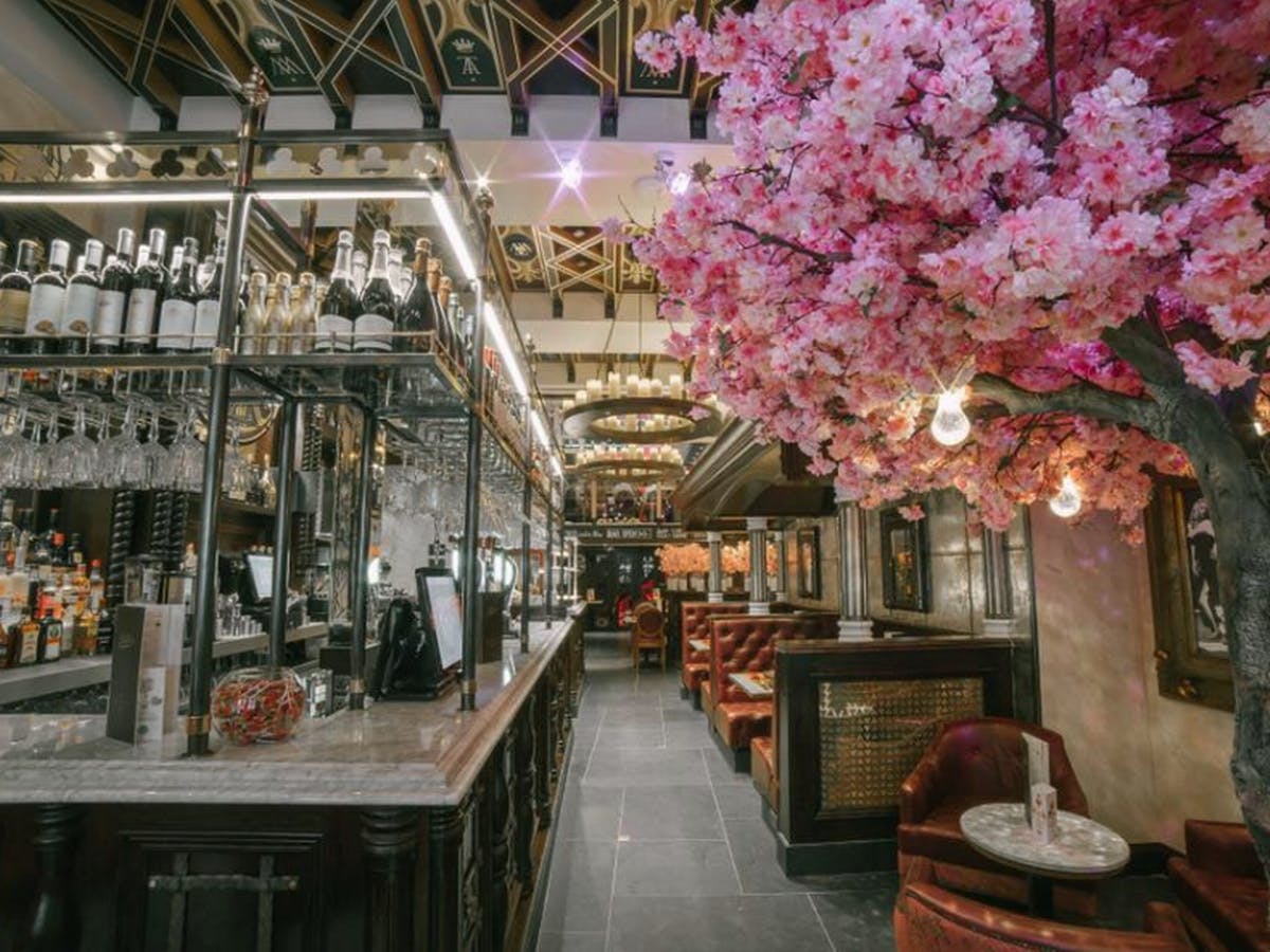 Elegant restaurant bar with cherry blossom tree, perfect for upscale events and gatherings.