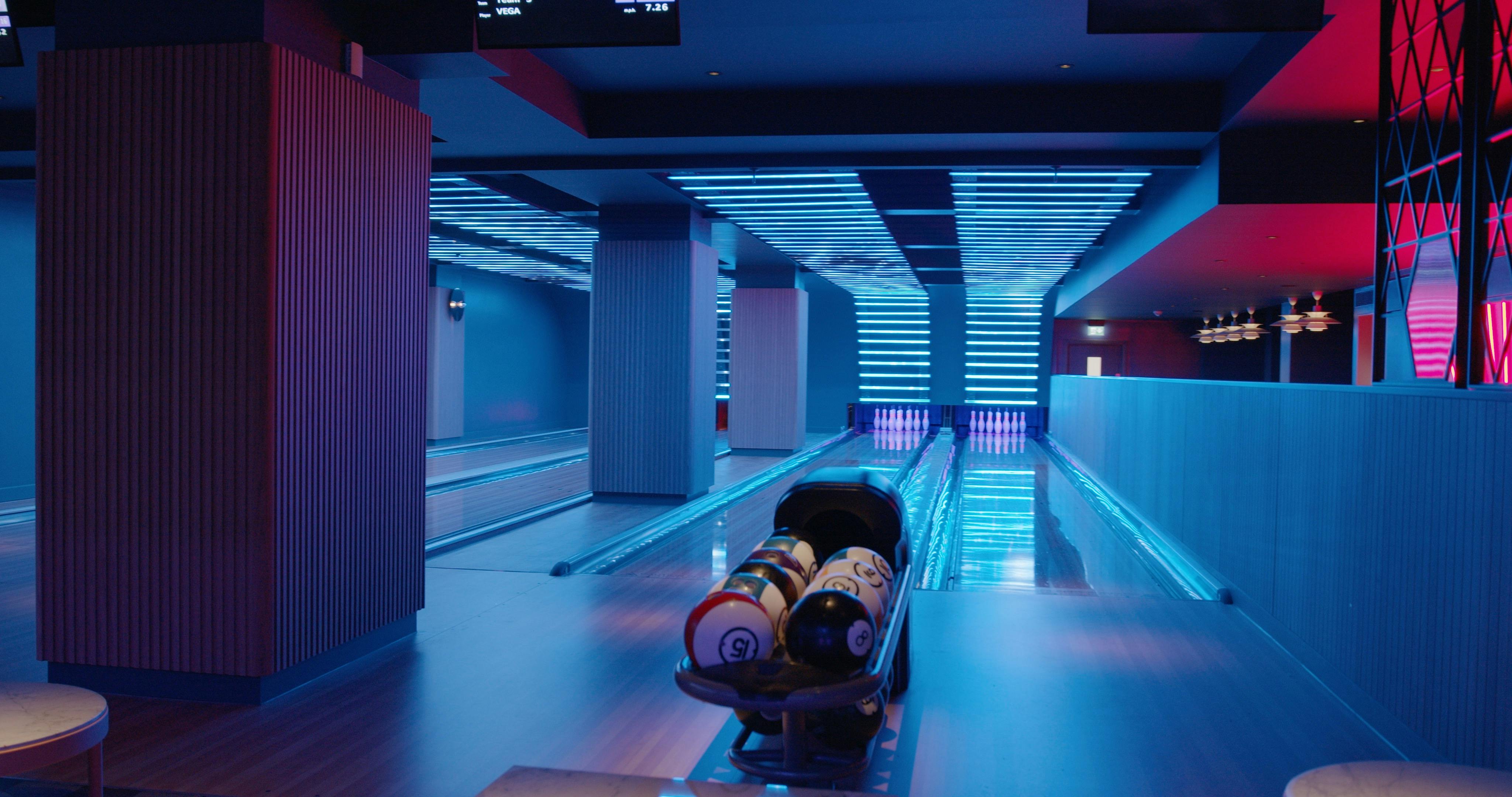 Modern bowling alley in VEGA Glasgow, perfect for corporate events and team-building activities.