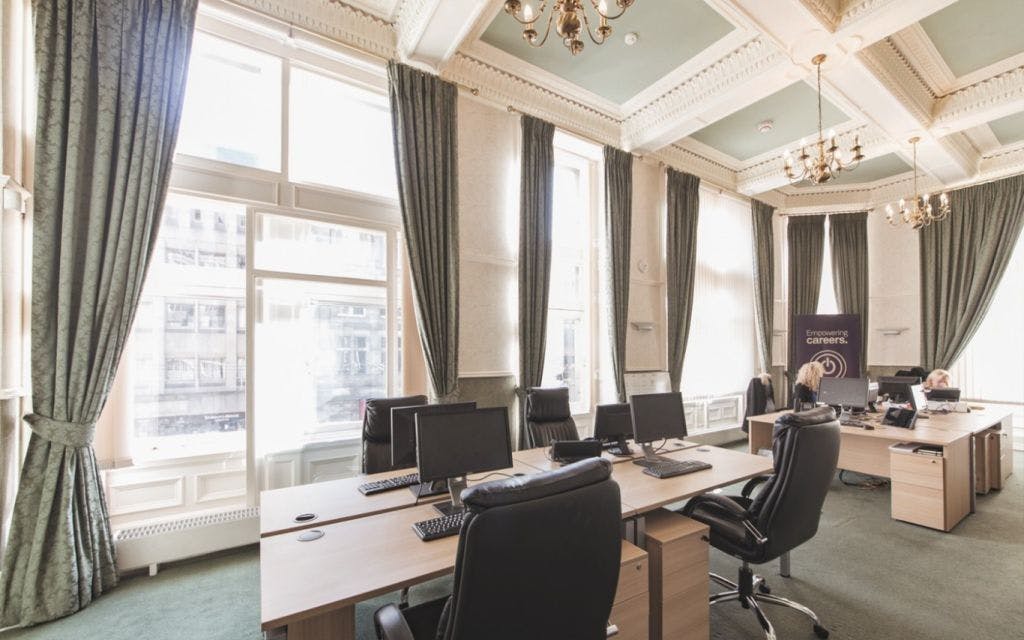 Elegant meeting room with large windows in serviced offices for corporate events.