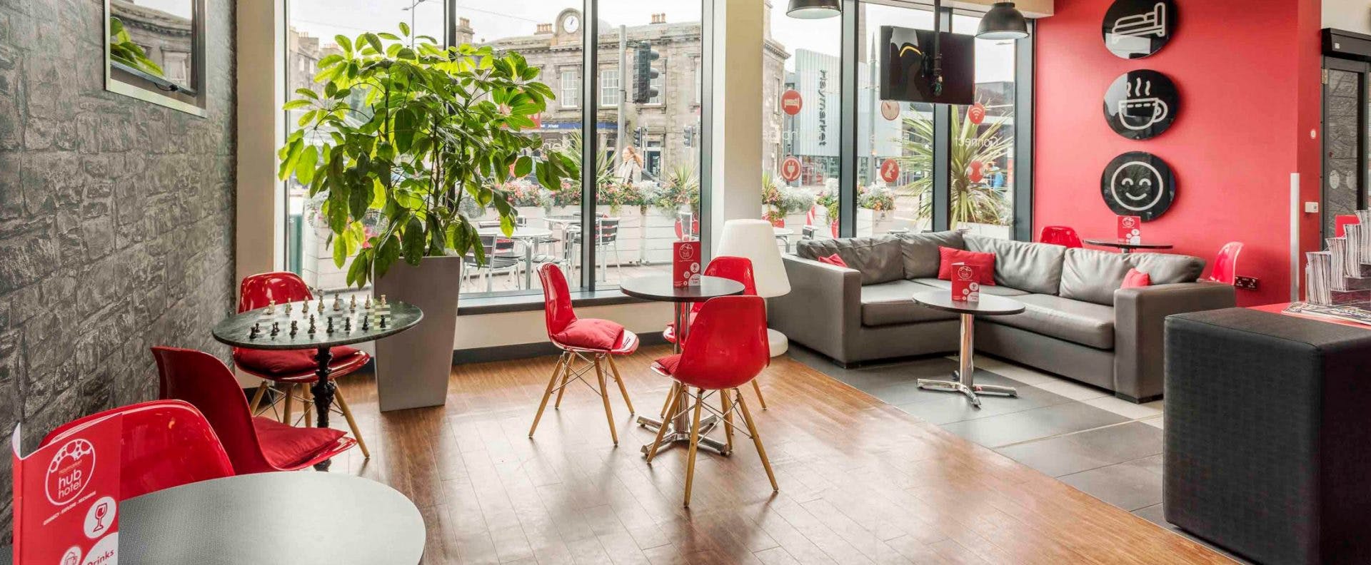 Modern lounge at Hub Cafe & Bar, perfect for networking events and casual meetings.