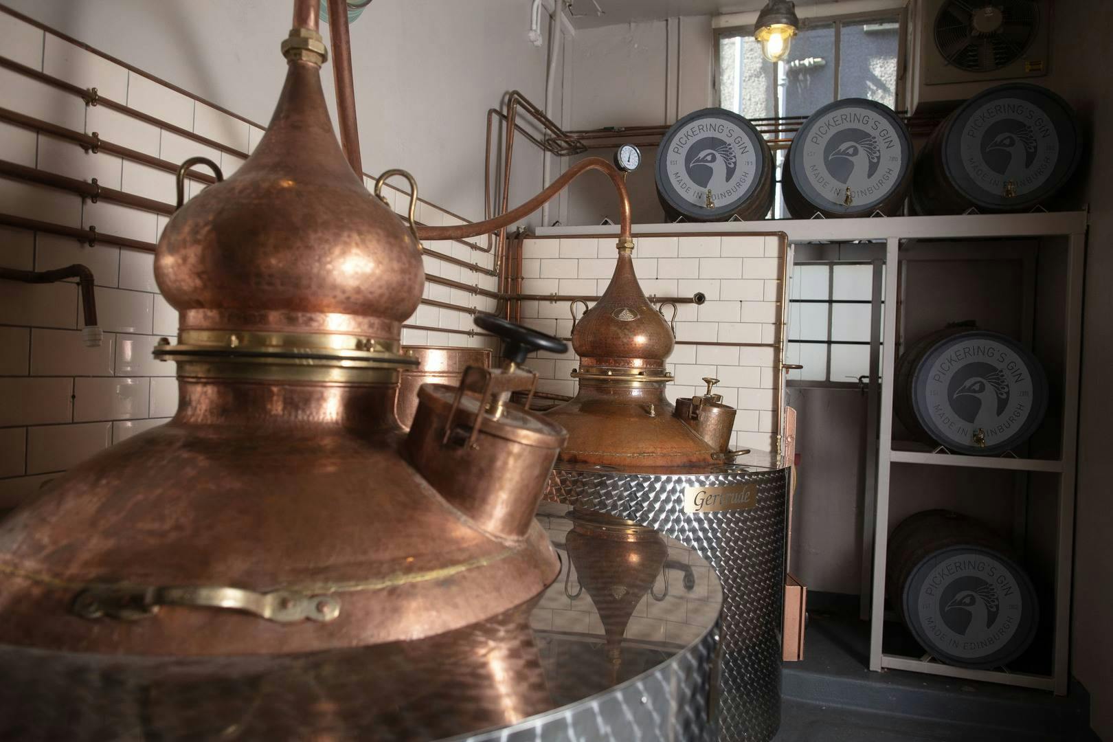 Distillery in Summerhall with copper stills, ideal for tastings and workshops.