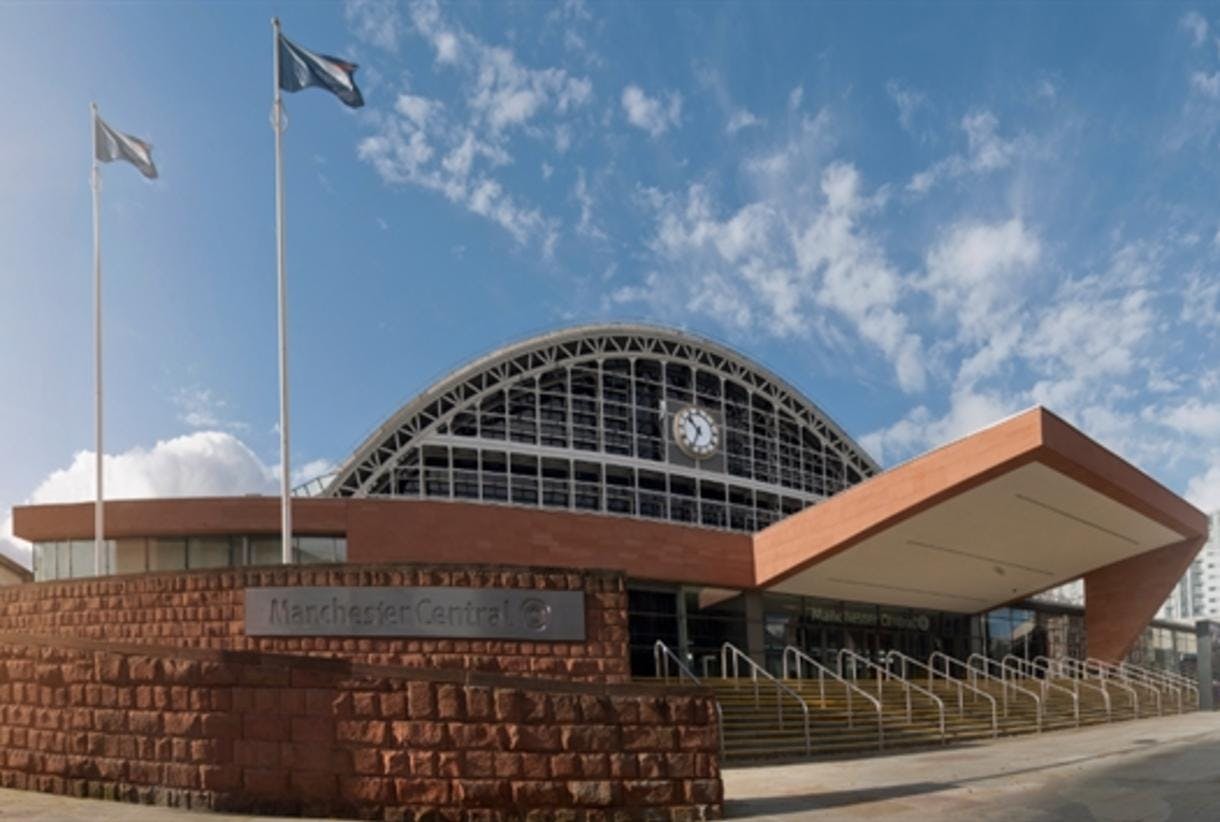 Central Hall Manchester: modern event venue with large windows for conferences and exhibitions.