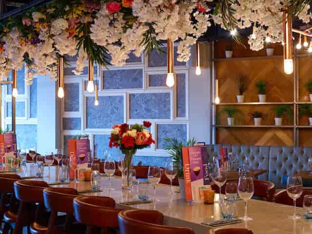 Banyan Corn Exchange restaurant space with floral ceiling for networking and corporate events.