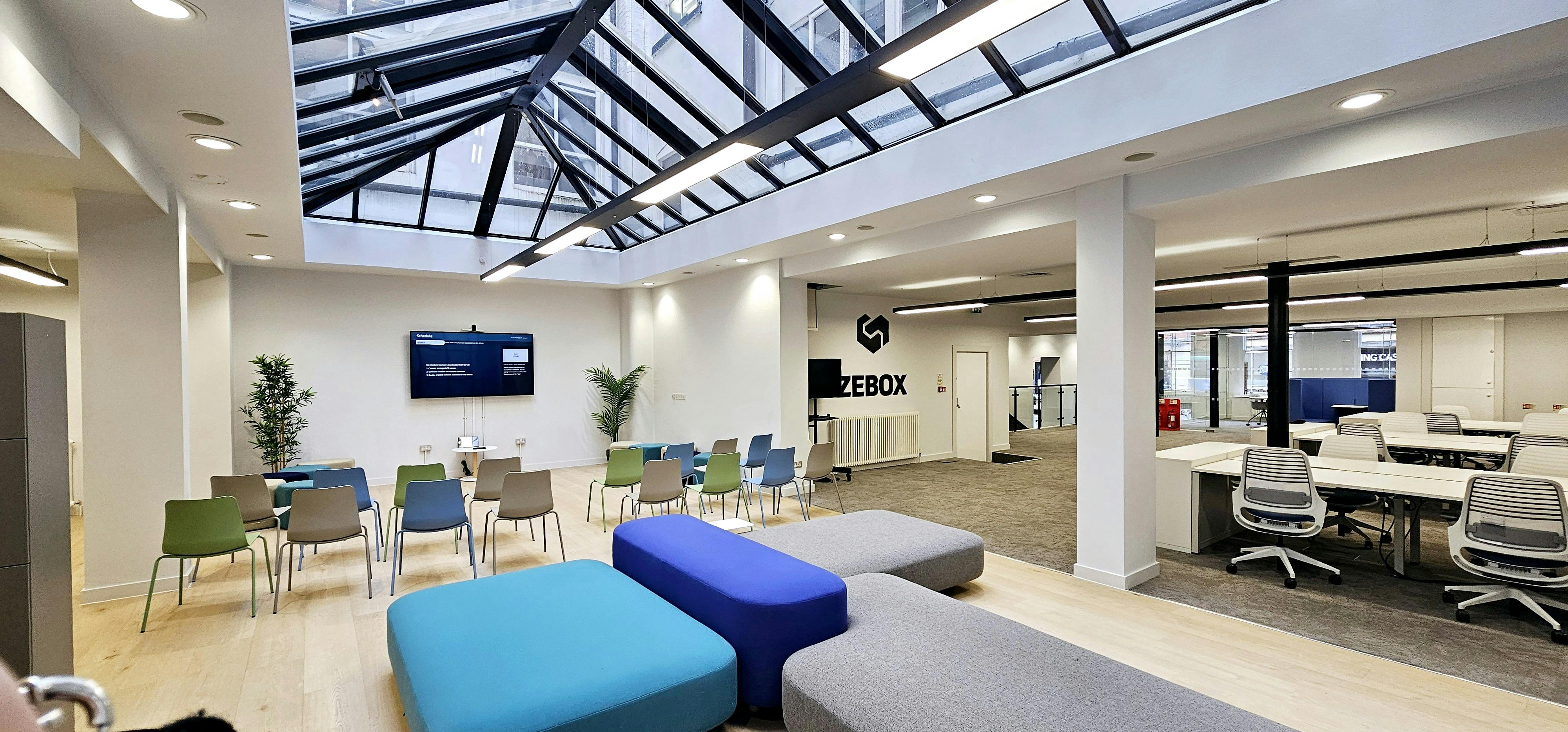 Modern event space in ZEBOX UK with flexible seating for workshops and networking.