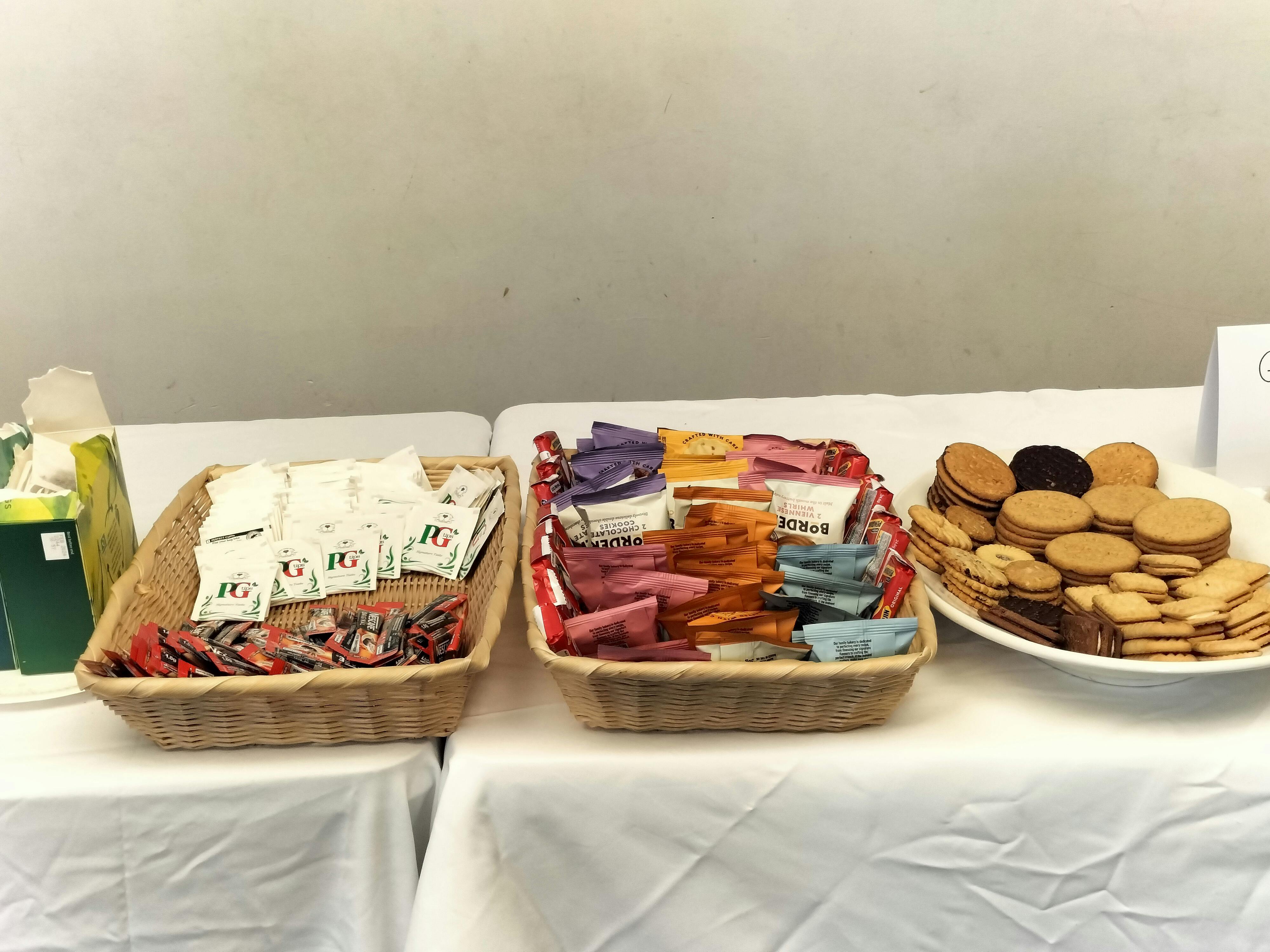 Emerald Suite refreshment table with snacks for meetings and events.