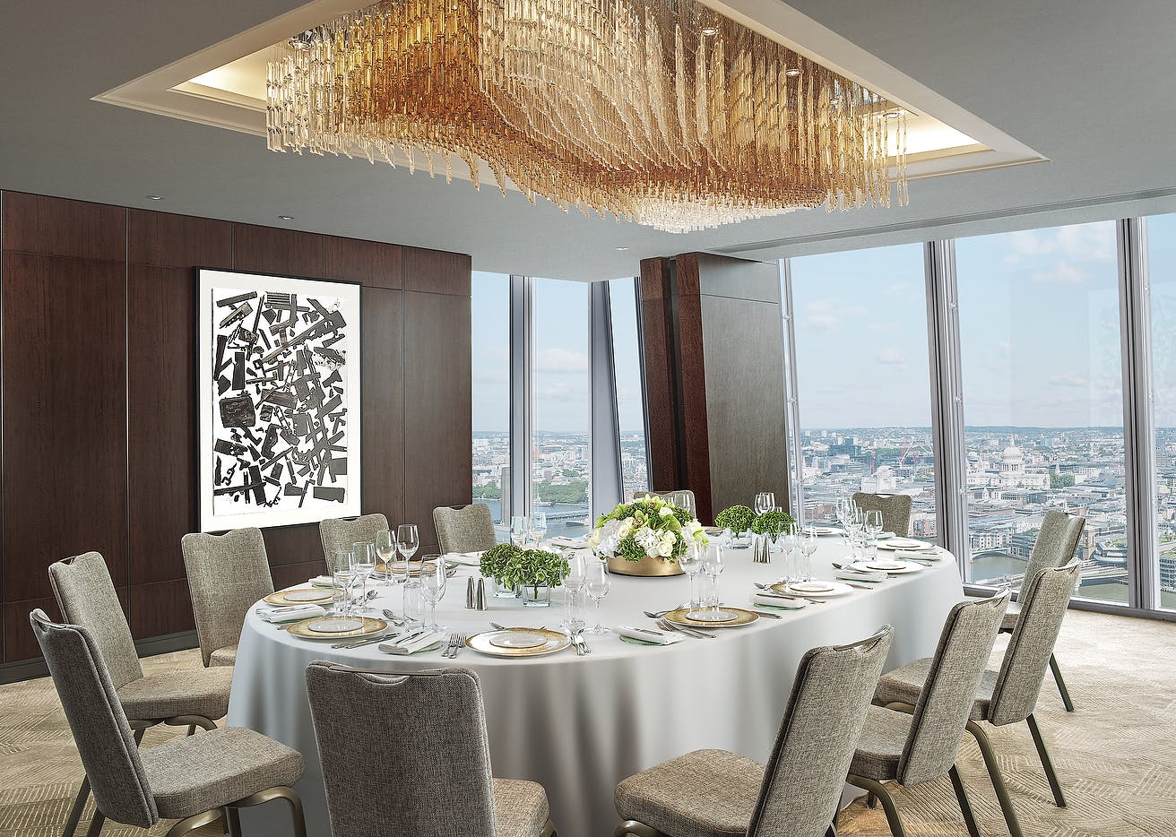 Li Room at Shangri-La The Shard, London: elegant event space with city views and luxury chandelier.