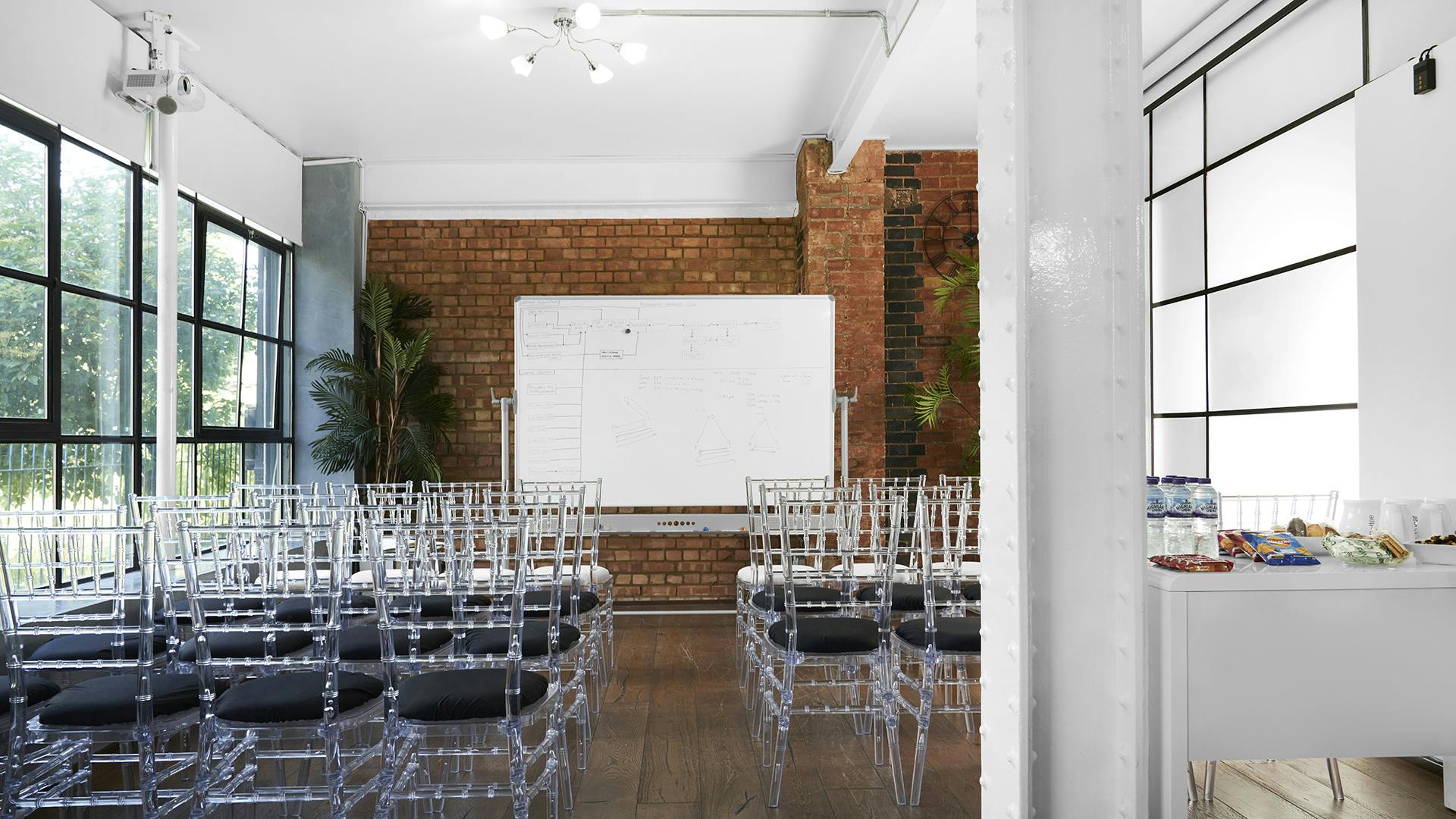 Modern meeting space with acrylic chairs for corporate workshops and seminars.