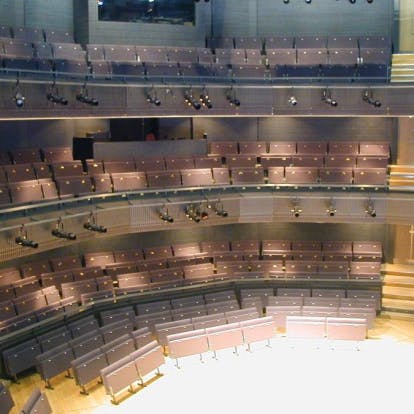 Main Auditorium in Rose Theatre with tiered seating for presentations and performances.