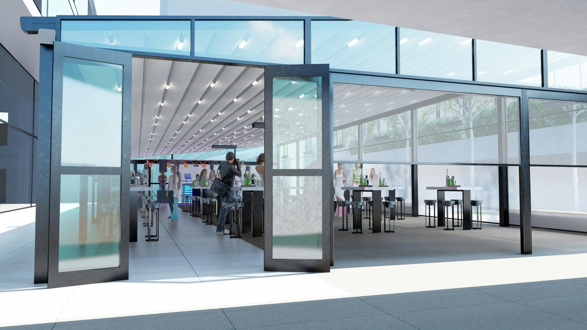 Modern event space at JW3 with glass doors, ideal for networking and receptions.