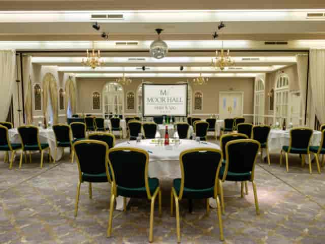 Elegant meeting room at Moor Hall Hotel, perfect for corporate events and conferences.