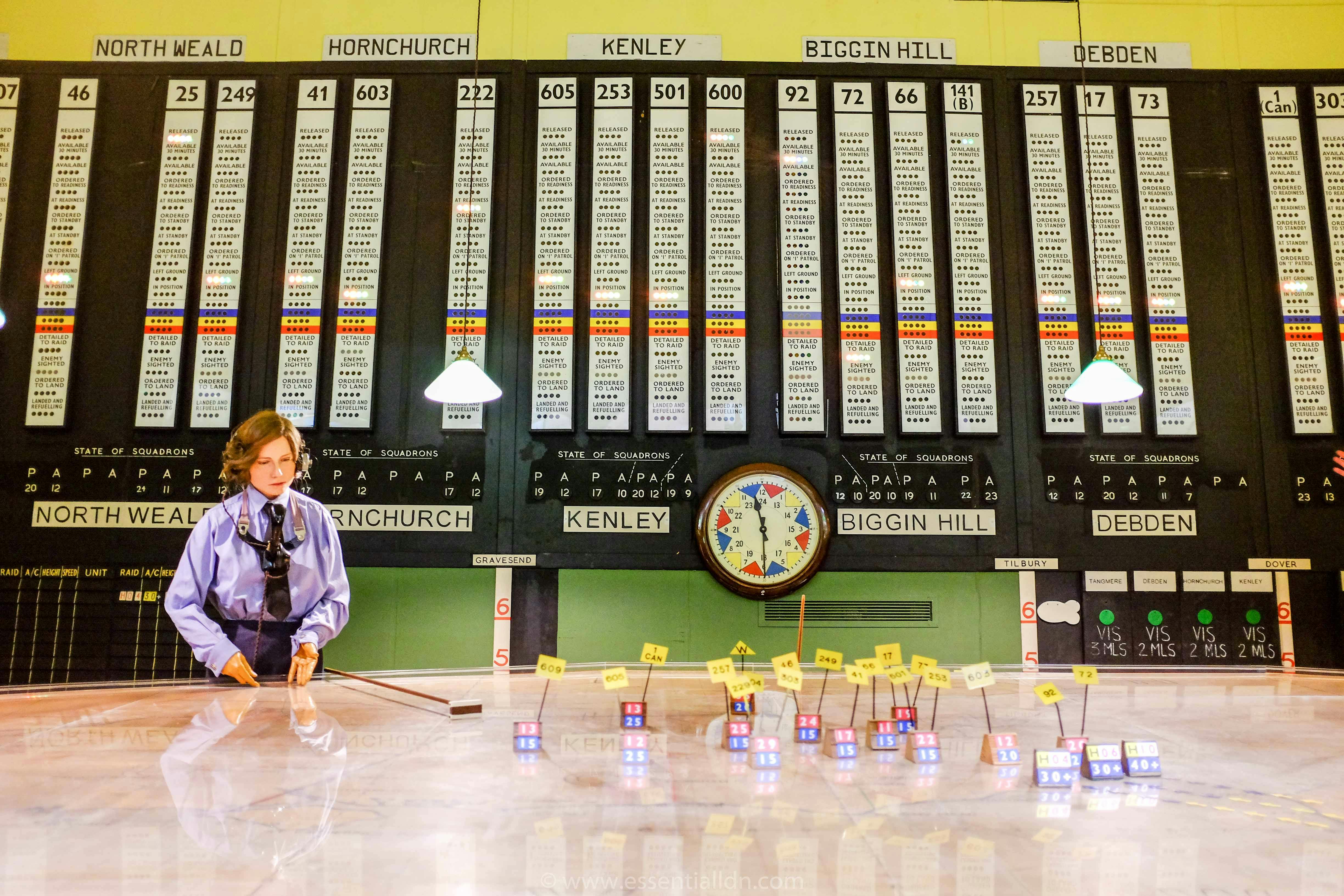 Vintage control room in Battle of Britain Bunker, showcasing event management logistics.