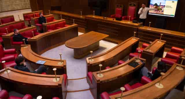 Hornsey Town Hall Council Chamber: tiered plenary setup for town hall meetings and conferences.