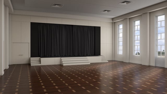 Spacious Gartensaal venue with natural light, ideal for conferences and performances.