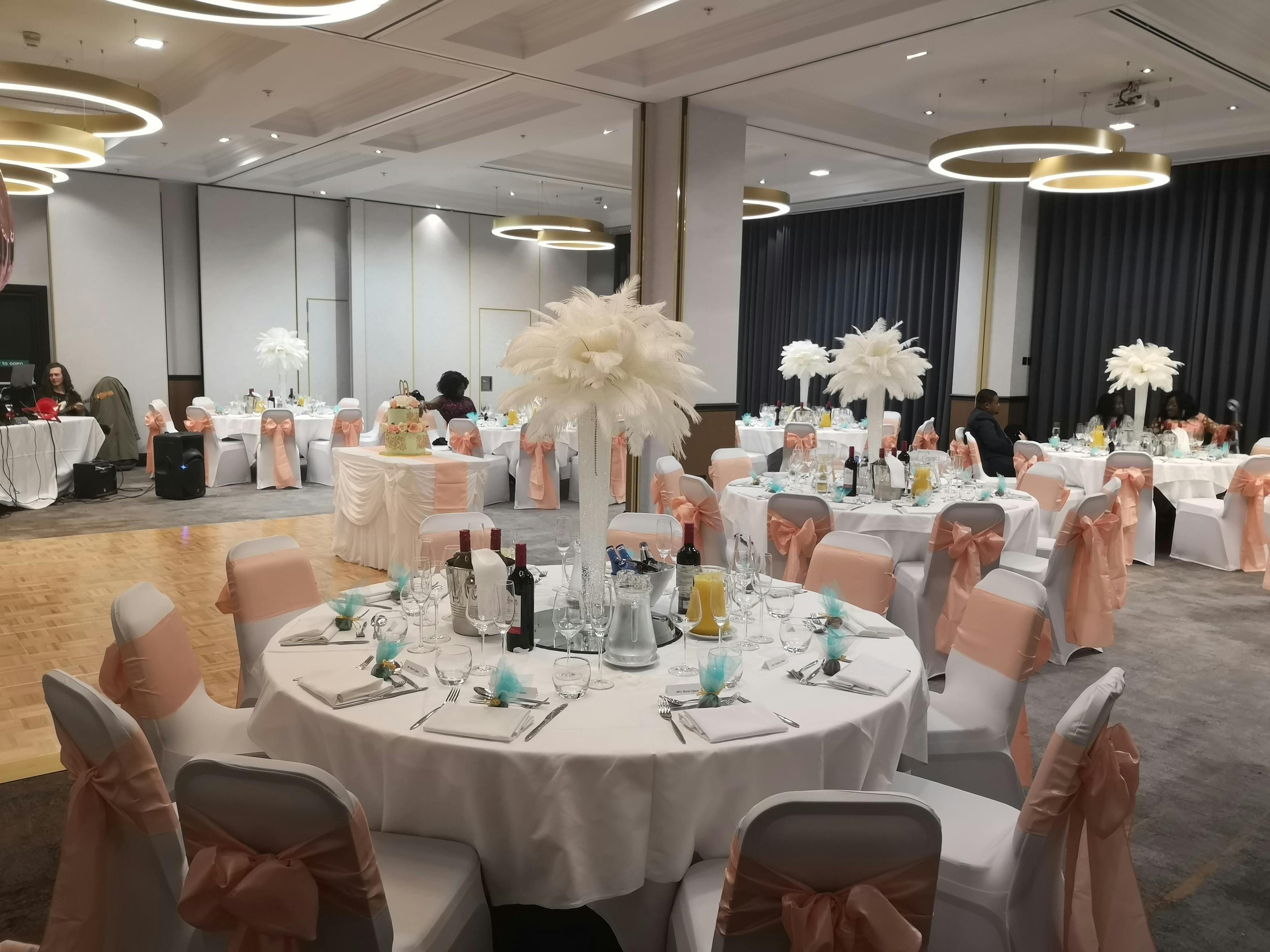 Westmacott Suite at London Marriott, elegant event space with floral centerpieces.